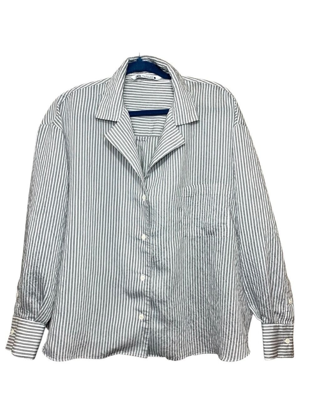 Zara Collection Striped Shirt Oversized Sz XL Gray White Long Sleeve Minimalist